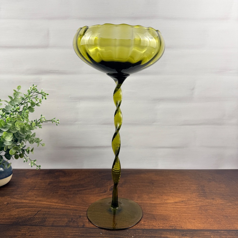 Empoli Italy Olive Green Glass Tall Compote Twisted Stem Pedestal Bowl